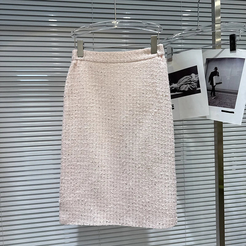 Autumn Winter New Fashion Sweet Pearl Bow Tie Down Short Coat Midi Skirt Tweed Two-pieces Set For Women 11A07717