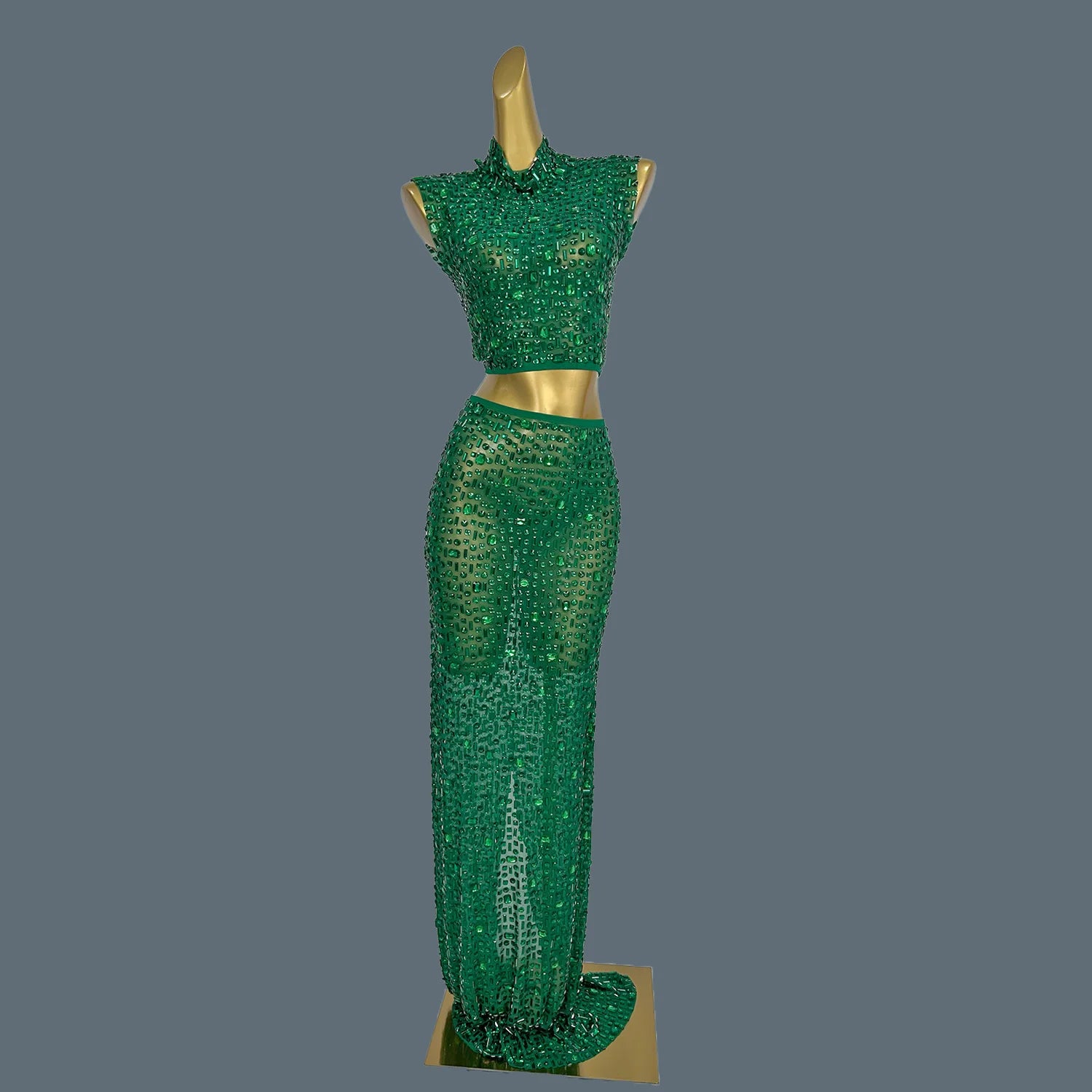 Lady Sexy Two Piece Set See Through Slit Crystal Rhinestone Mesh Dress for Club Party Wear Red Carpet Stage Show Costume Gesebei green