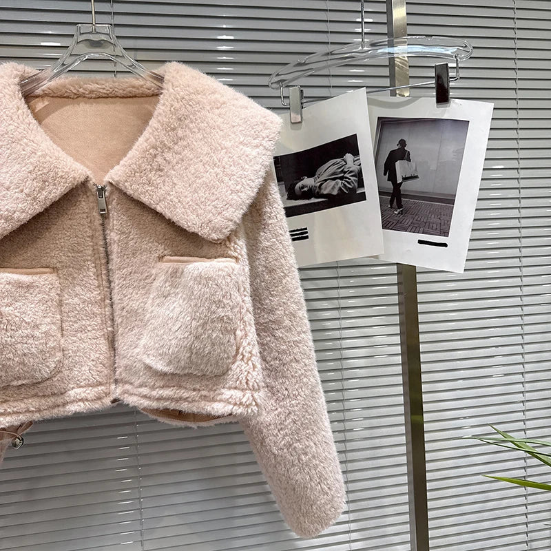 Winter New Sweet Temperament Fur Sailor Collar Fleece Short Coat For Women Versatile Zipper Warm Jacket 11A07855