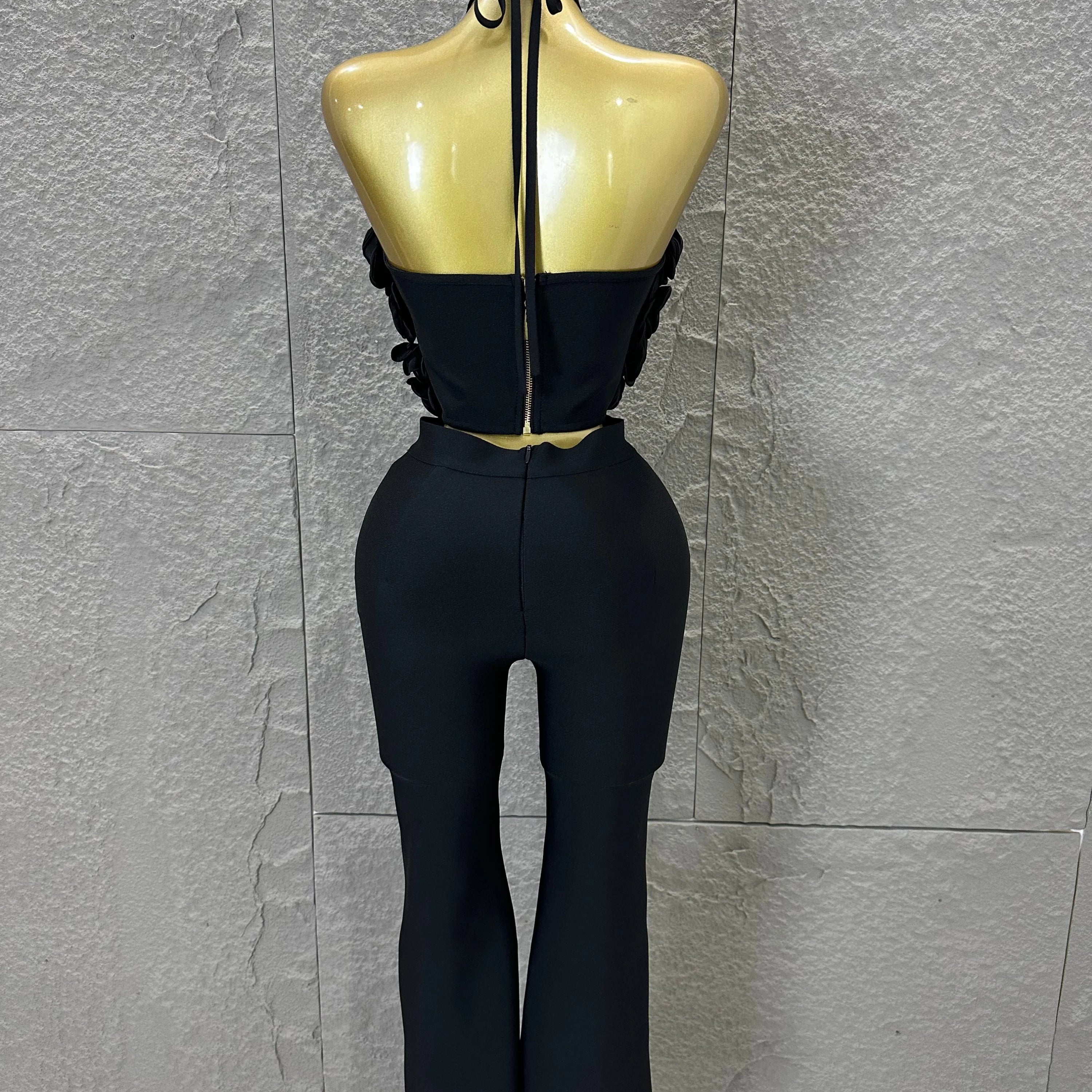 Elegant Two Piece Set Women Halter 3D Flower Crop Top High Waist Flare Pants Bandage Suit Party Casual Formal Wear