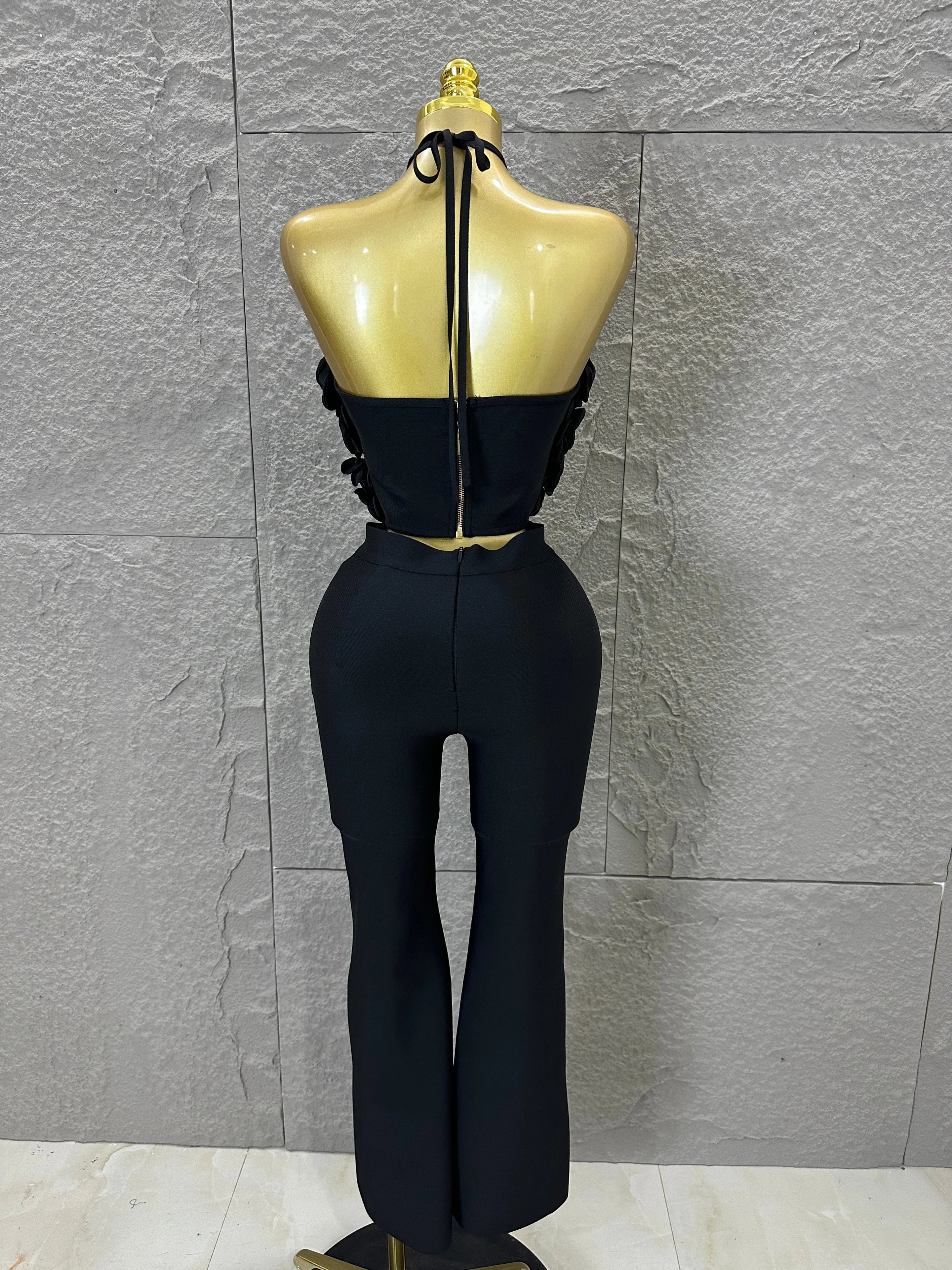 Elegant Two Piece Set Women Halter 3D Flower Crop Top High Waist Flare Pants Bandage Suit Party Casual Formal Wear