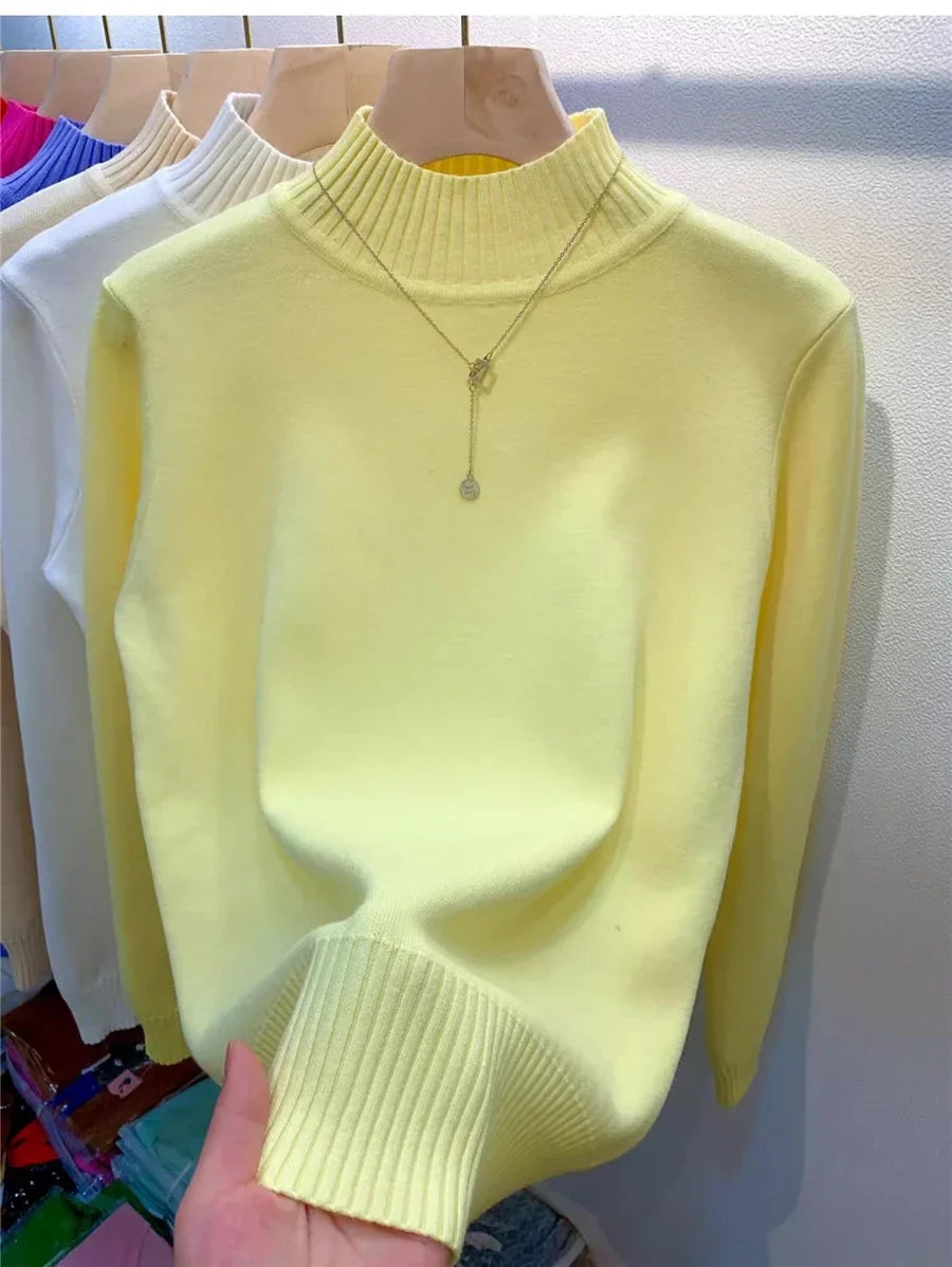 Candy Color Half Turtleneck Sweater Pullover Women Fall Winter Slim Soft Knitwear Jumper Korean Casual Warm Knit Long Sleeve Top light yellow