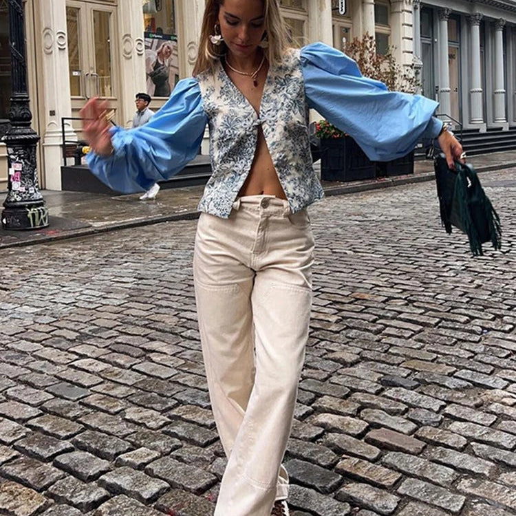 Chic Patchwork Print Floral Shirt Women V-neck Coil Buckle Lantern Sleeve Split Female Blouse Spring Summer Lady Streetwear