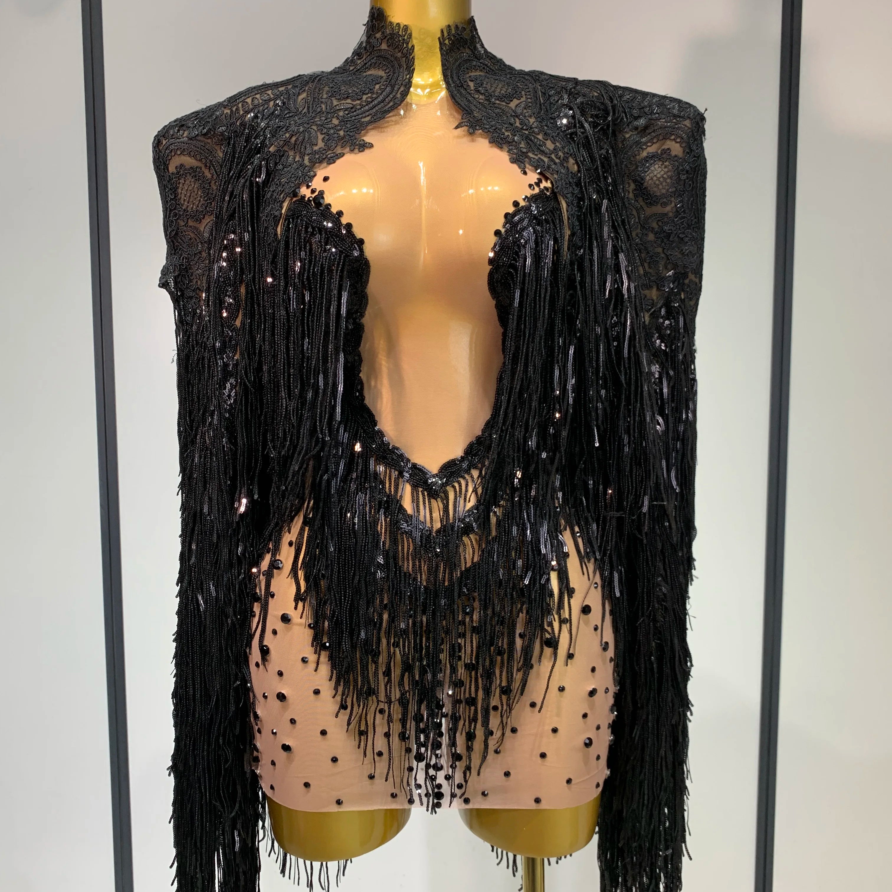 Women Sexy Transparent Long Sleeve Bodycon Dress Two Piece Set Luxury Sequin Fringes Evening Party Celebrity Performance Costume black