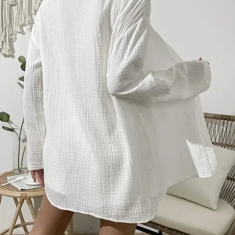 100% Cotton Gauze Muslin Sets For Women 2 Pieces Long Sleeve Shirts And Loose High Waist Mini Shorts Sets Ensemble Femme