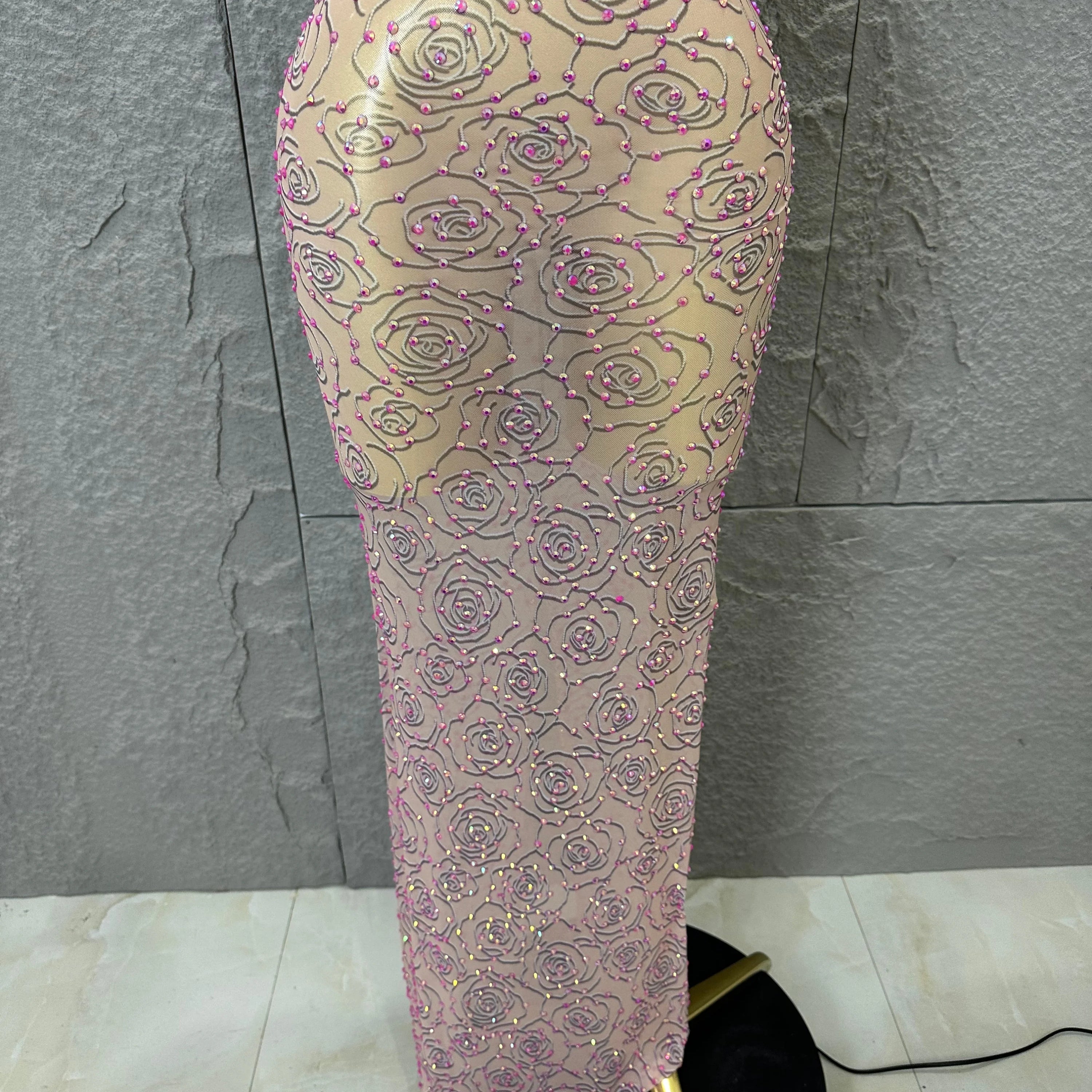 Sexy Glamorous Nude Halter Neck Maxi Dress Sheer Mesh 3D Rose Beaded Embellished Bodycon Nightclub Party Outfit
