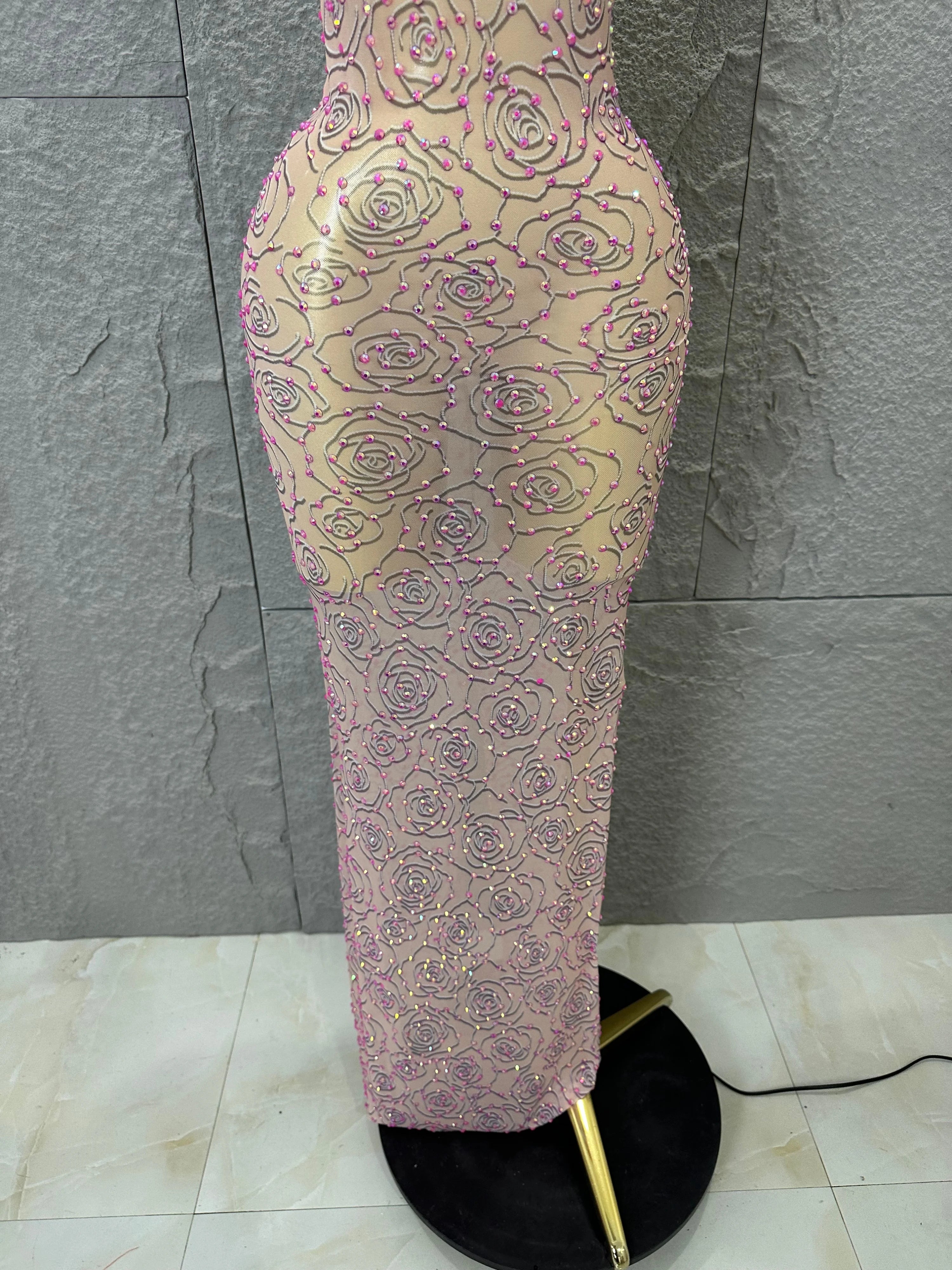 Sexy Glamorous Nude Halter Neck Maxi Dress Sheer Mesh 3D Rose Beaded Embellished Bodycon Nightclub Party Outfit