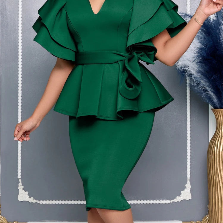 Women Short Sleeve V-neck Belt High Waist Midi Dress 2025 Summer Africa OL Work Evening Sexy Party Dresses Vestidos