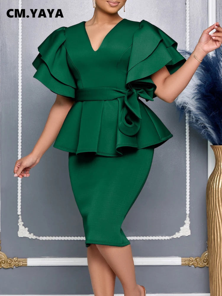 Women Short Sleeve V-neck Belt High Waist Midi Dress 2025 Summer Africa OL Work Evening Sexy Party Dresses Vestidos