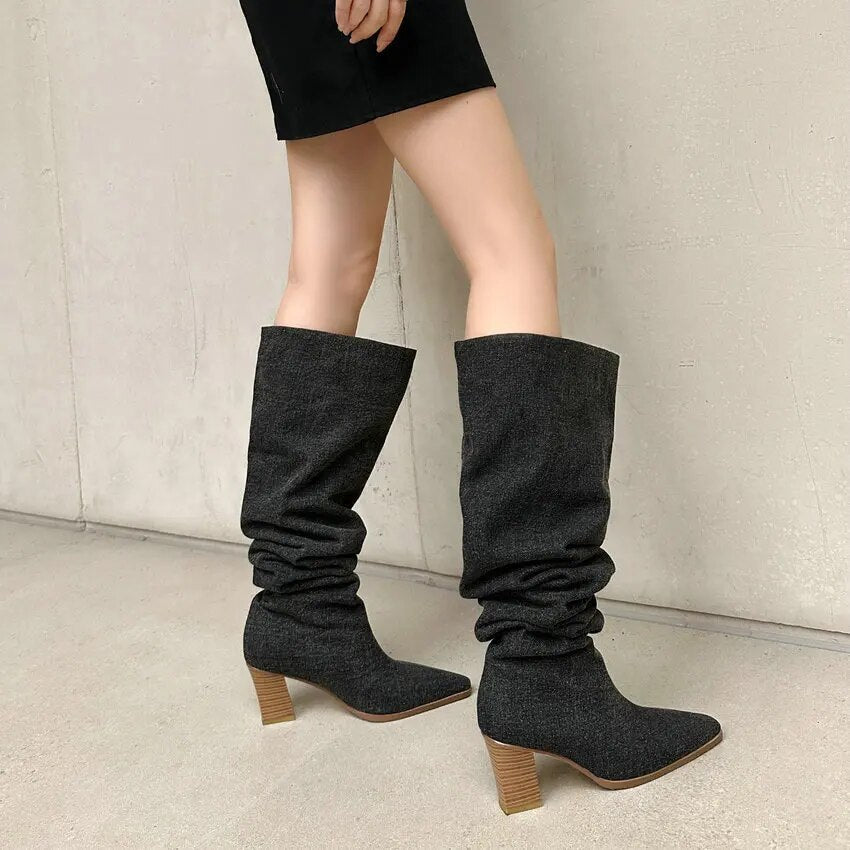 QUTAA 2024 Autumn Winter New Women Knee High Boots Thick High Heels Elegant Office Lady High Boots Shoes Woman Size 34-39