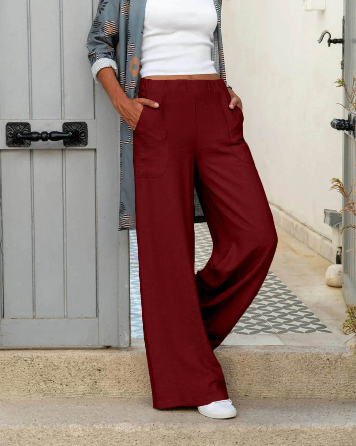Women Fashion Elastic Waist Wide Leg Long Trousers Pockets Casual Solid Loose Female All Match Pants New Claret