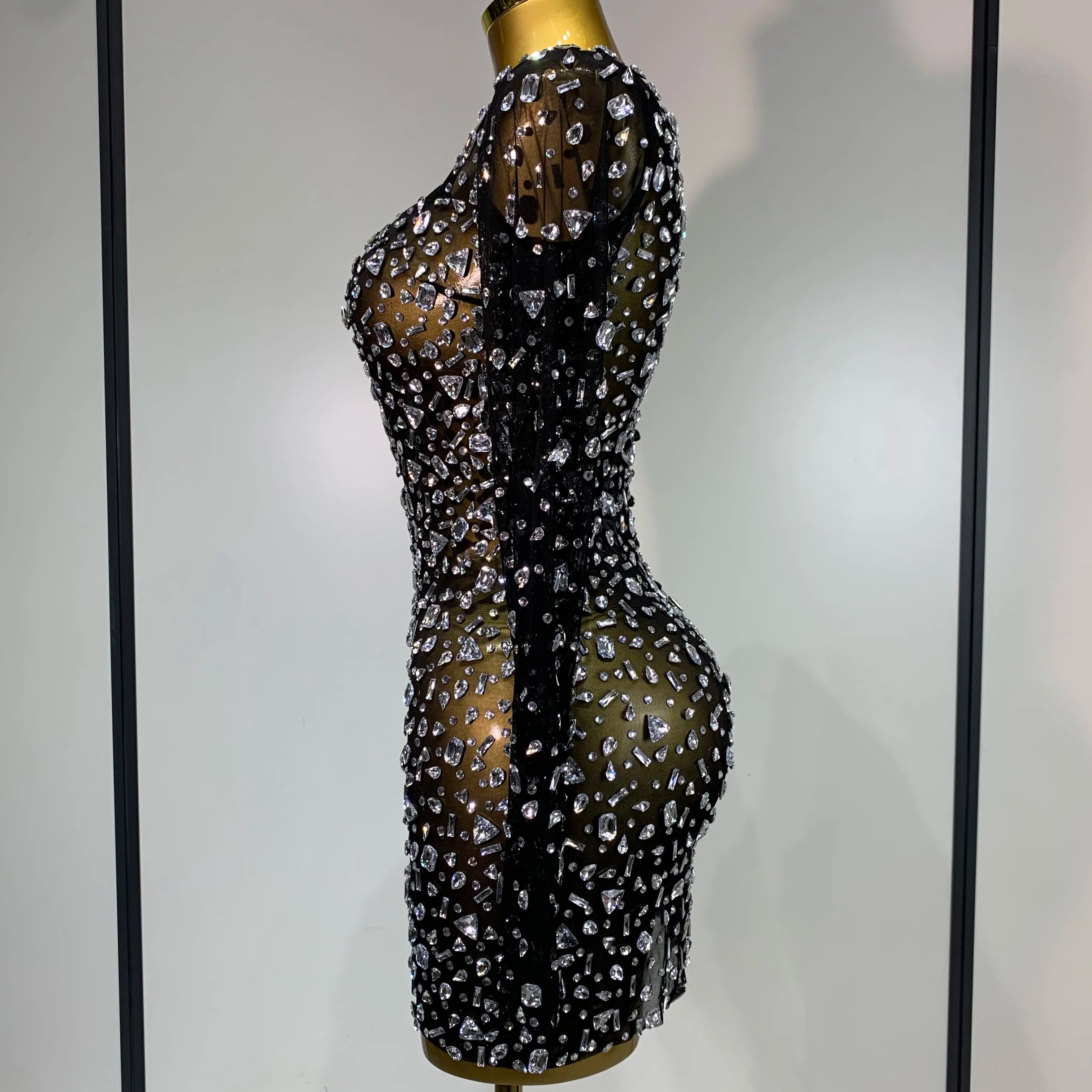 Sparkly Rhinestone Sexy Transparent Mini Dress Celebrity Evening Party Prom Birthday Photo Shoot Nightclub Stage Costume