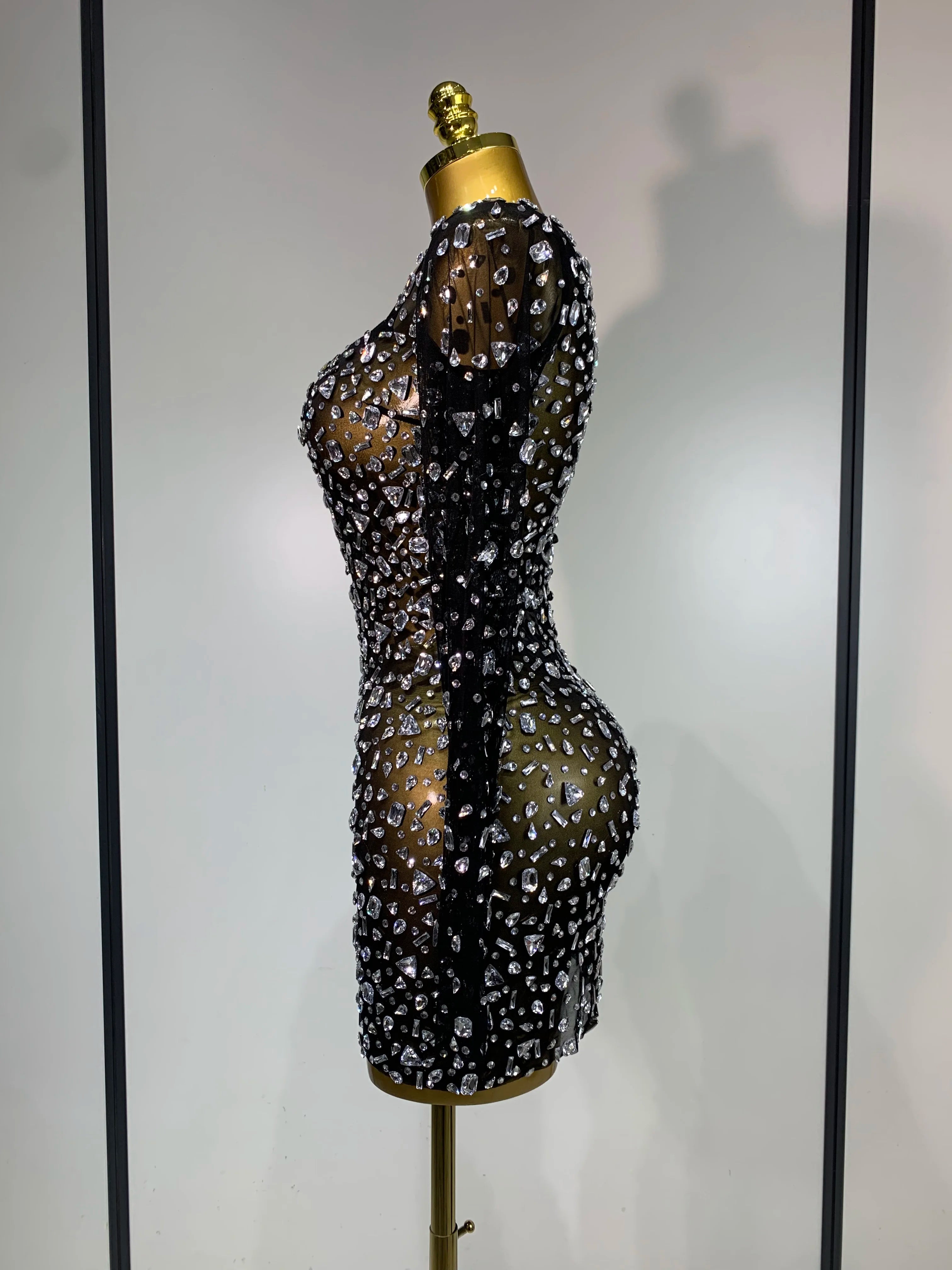 Sparkly Rhinestone Sexy Transparent Mini Dress Celebrity Evening Party Prom Birthday Photo Shoot Nightclub Stage Costume