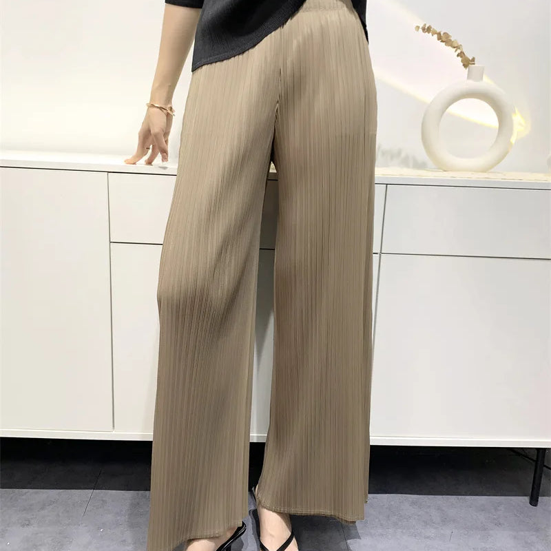 Summer Pants Women Hitching Piece Comfortable Casual New Loose Straight Pants Wide Leg High Waist Thin Pleated Pants Coffee color One Size