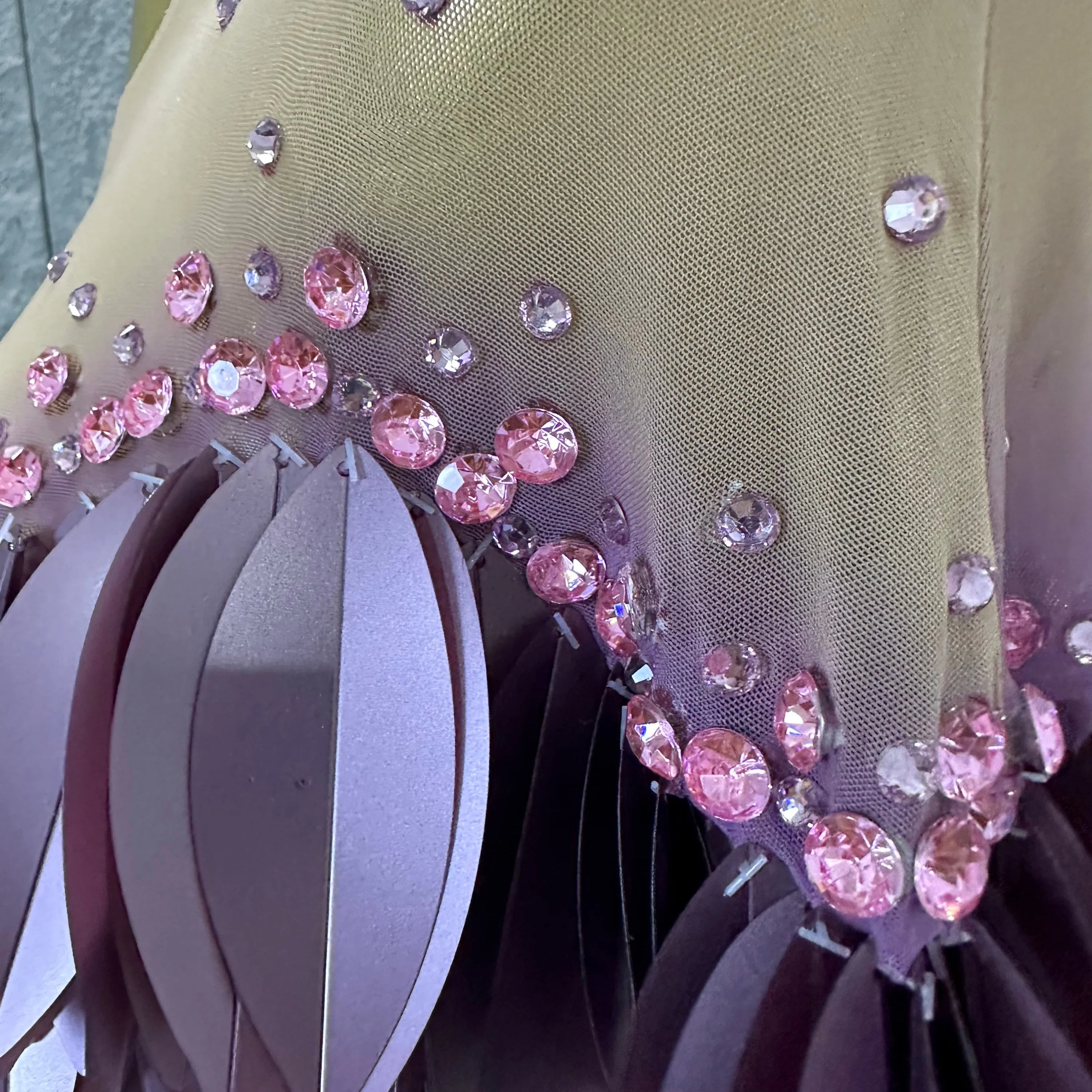 Sparkly 2026 Purple Sheer Mesh Dress Women Sexy Illusion Neck Rhinestone 3D Leaf Fringe Bodycon Evening Gala Nightclub Outfit