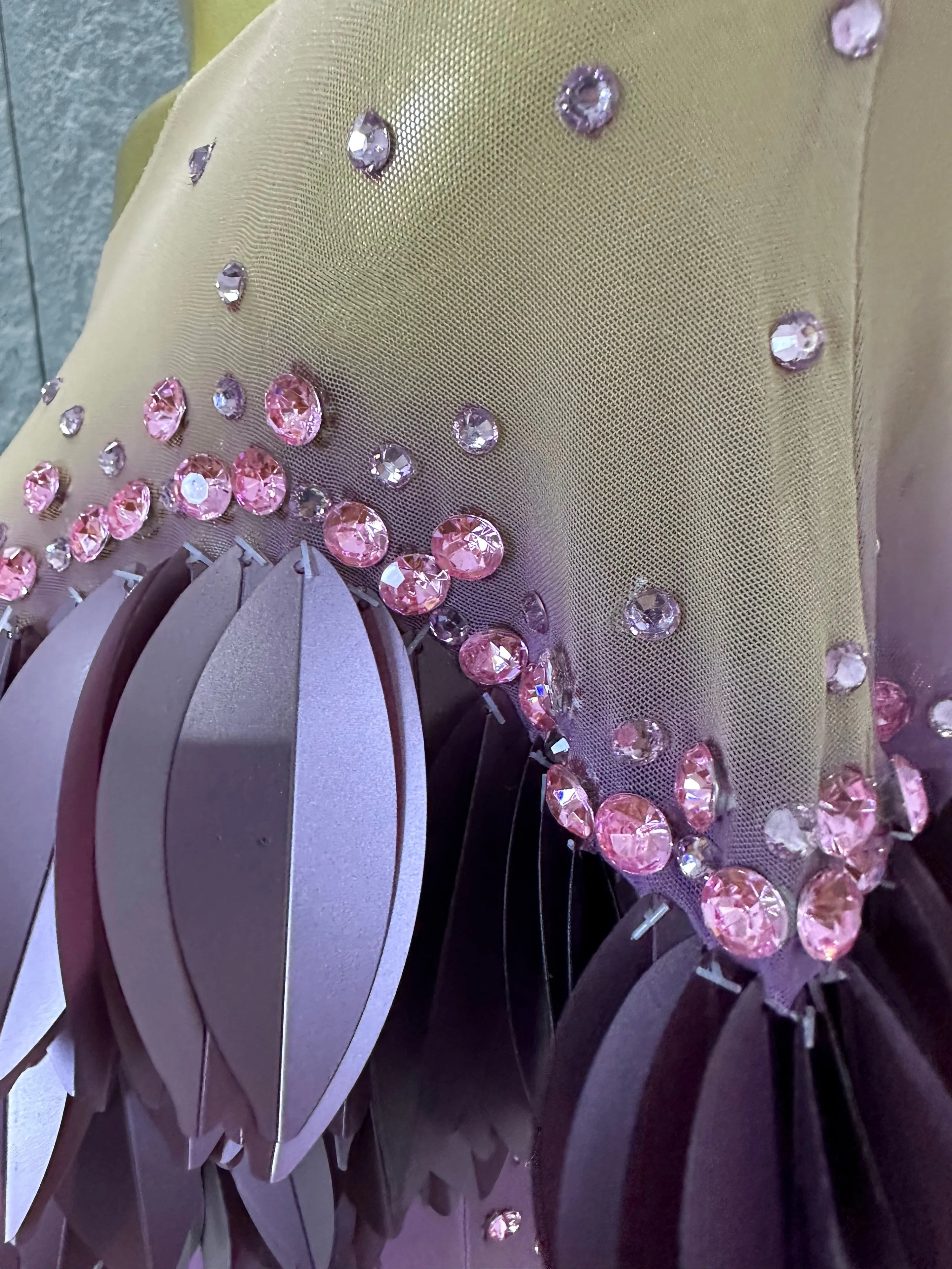 Sparkly 2026 Purple Sheer Mesh Dress Women Sexy Illusion Neck Rhinestone 3D Leaf Fringe Bodycon Evening Gala Nightclub Outfit