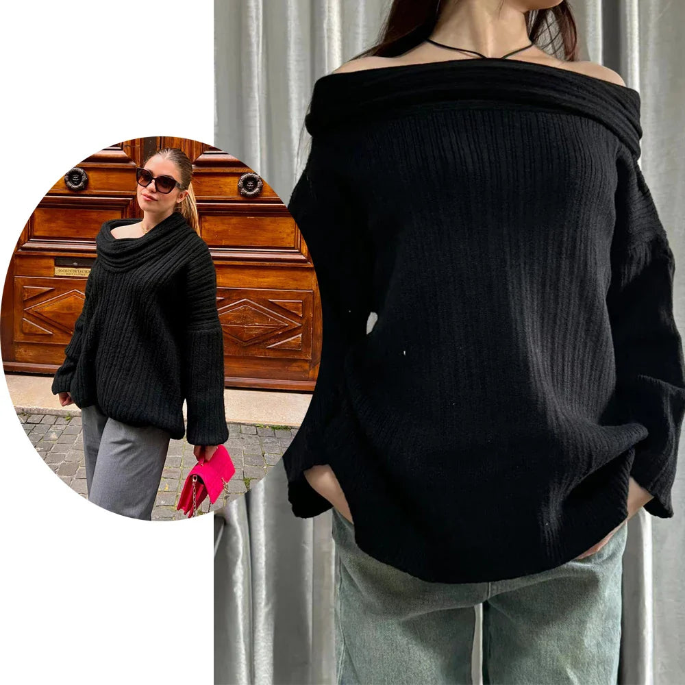 Autumn Oversized Sweater for Women Sexy Slash Neck Knit Pullovers Long Sleeve Women's Sweater Loose-fit Casual Knitwear 2024 Black One Size