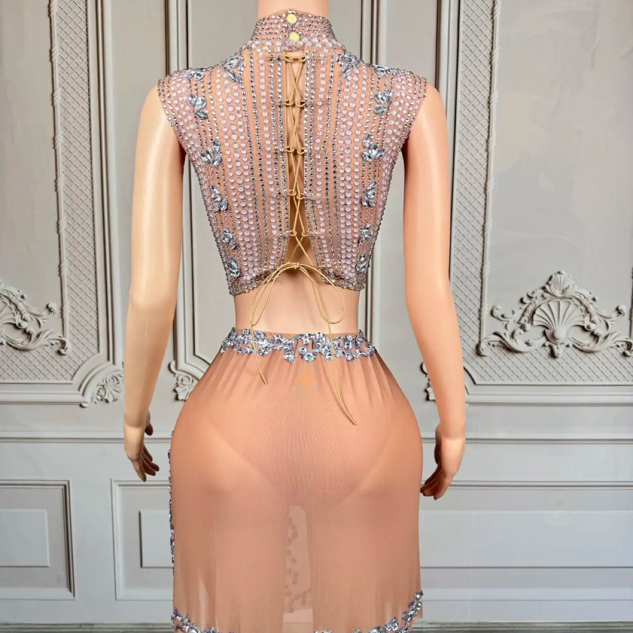 Sparkly Rhinestone Crop Tops Mini Skirt 2Pieces Set Festival Party Mesh Outfit Side Slits Bodysuit Event Dance Sexy Wear Luzhu