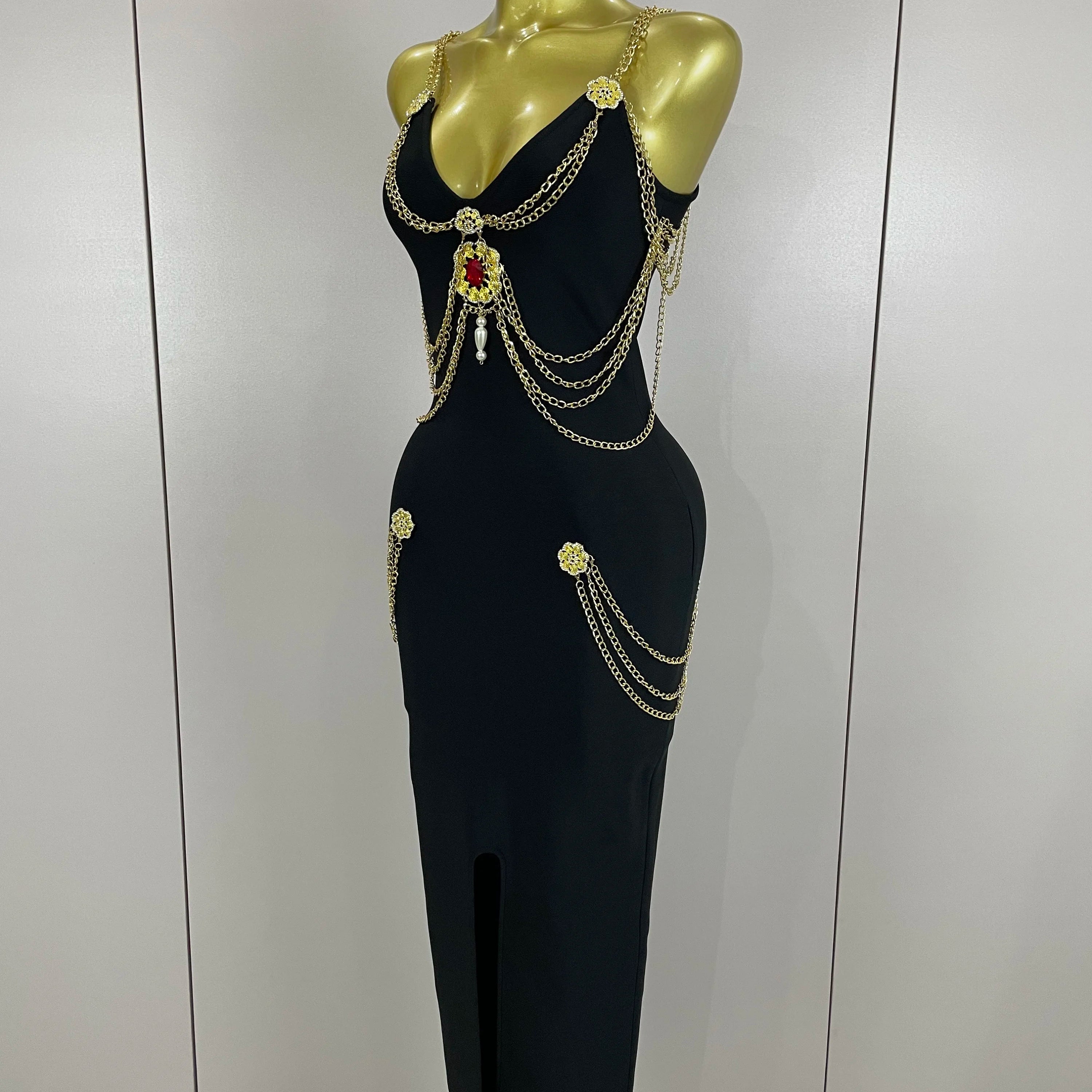 2025New New Black Chain Spaghetti Strap V-Neck Split Bandage Dress Bodycon Celebrity Club Party Long Dress Vestidos