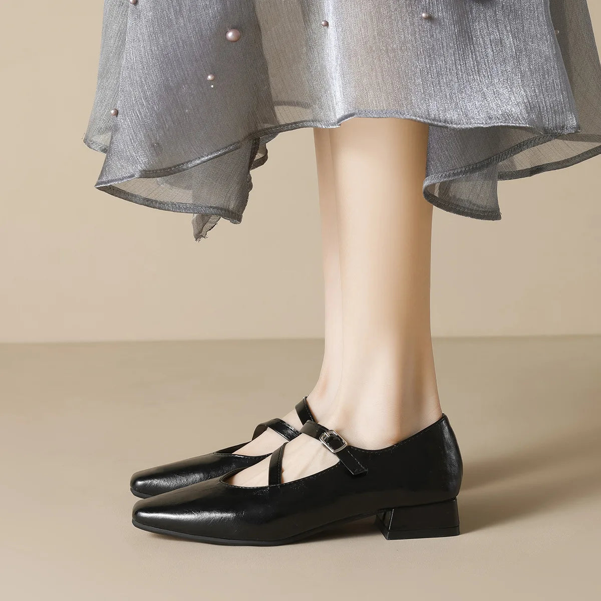 New spring women's outerwear shoes Square toe design Mary Jane shoes Ladies casual high heels Work boat shoes Large sizes 41-43