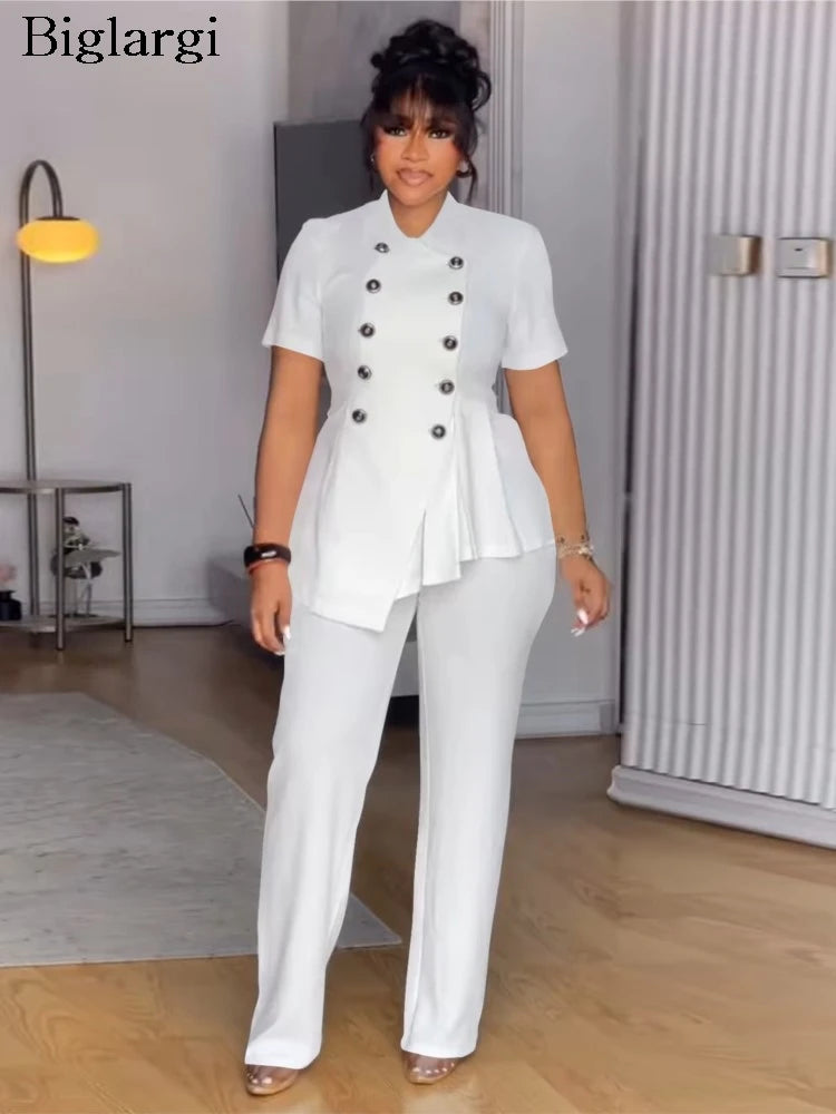 Plus Size Summer 2 Two Piece Set Women Irregular Ruffle Pleated Fashion Ladies Blouses Casual Bodycon Woman Pencil Pant