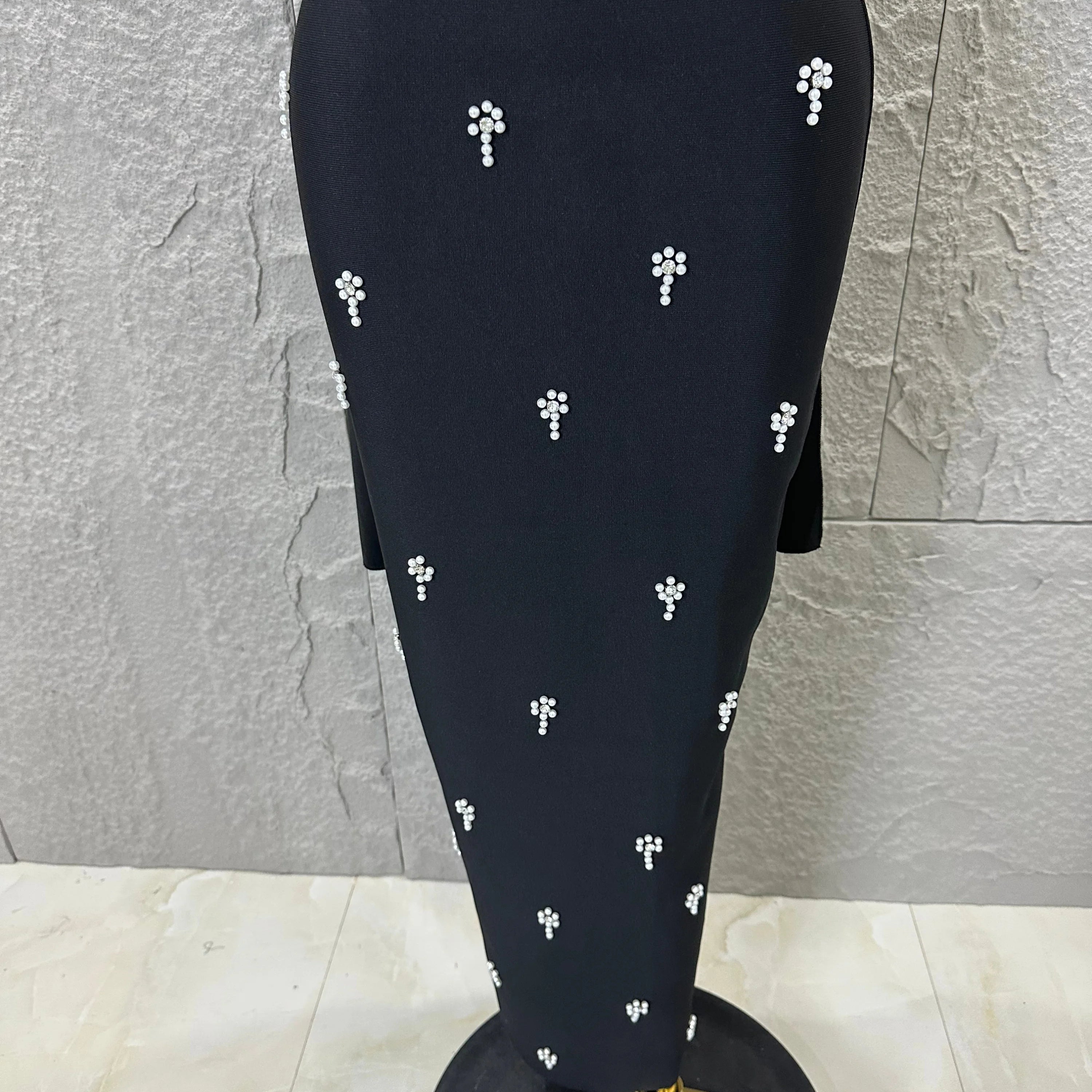 Sexy Black Pearl Studded Maxi Dress Halter Cape Bandage Bodycon Stage Birthday Party Nightclub Celebrate Photo Shoot Out