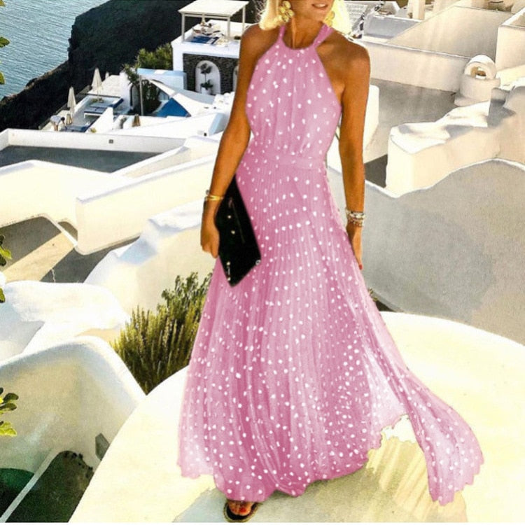 Summer Women Boho Polka Dot Print Chiffon Pleated Maxi Dress - New Femme Sleeveless Maxi Boho Vacation Outfits Lady Clothing Pink