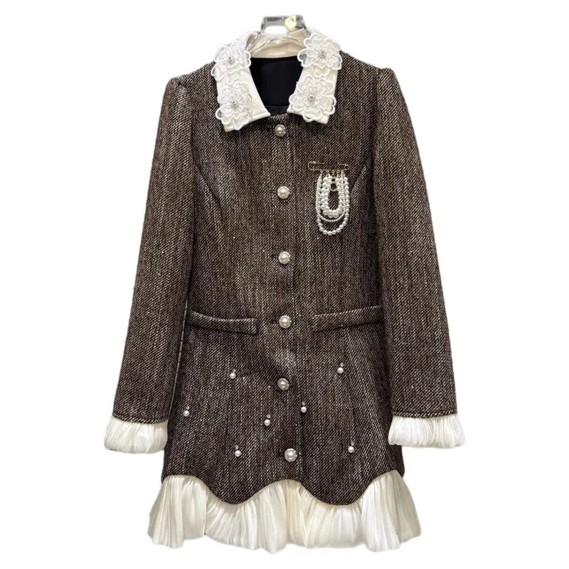 Winter New Fashion Temperament Style Chiffon Edge Bead Chain Brooch Cotton Inner Dress For Women Long Coat 11A07867