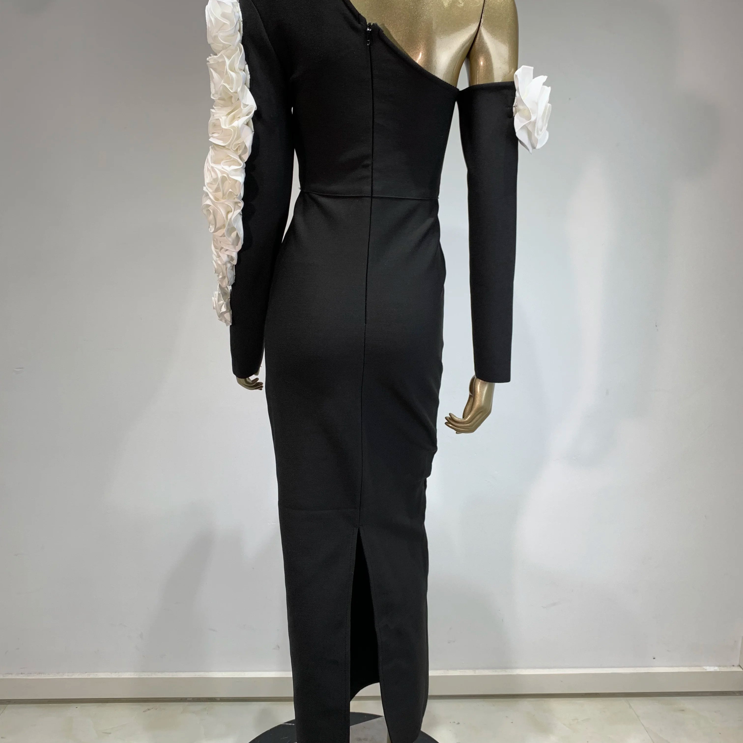 Women Bandage Dress 2024 Celebrity Sexy One Shoulder Flower Black Maxi Long Bodycon Elegant Evening Club Party Dress