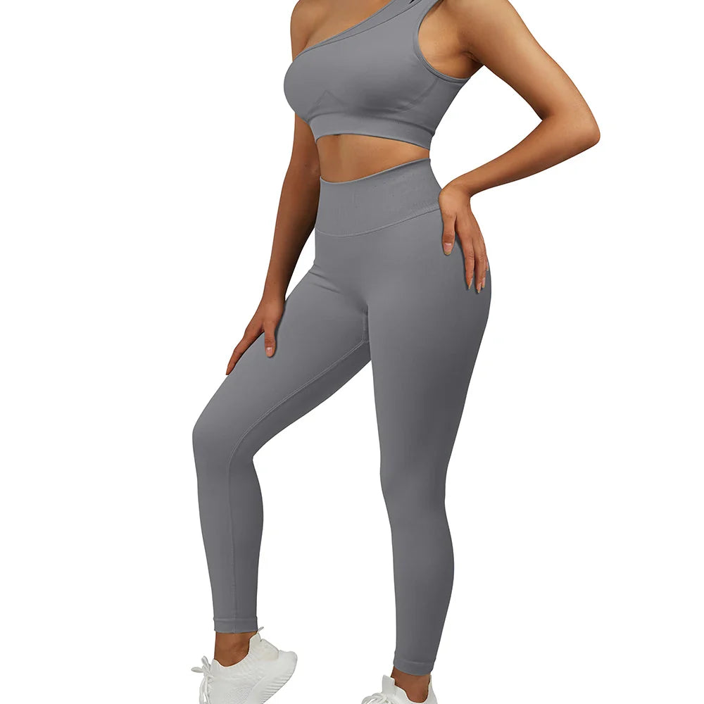 2 Pcs Yoga Set Women Seamless Gym Sportswear Outfits Workout Fitness Gym Clothing One Shoulder Sports Suit for Fitness Women SS321GB L