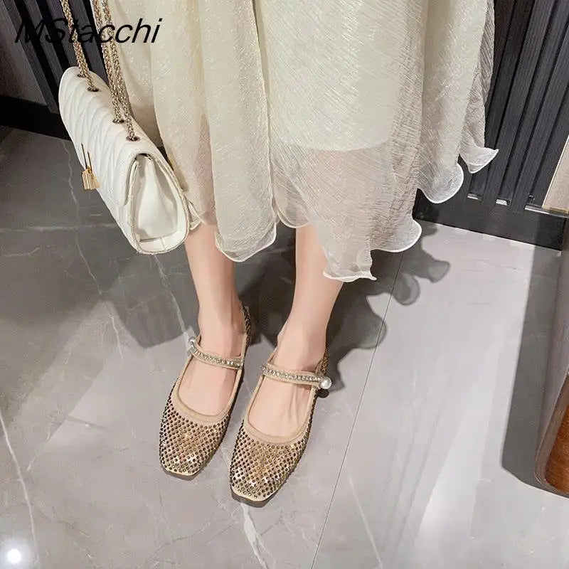 Mesh Crystal Pearl Flat Shoes Woman Square Toe Office Lady Luxury Shoes Big Size Mary Janes Shoes 2025 New Spring Single Shoes