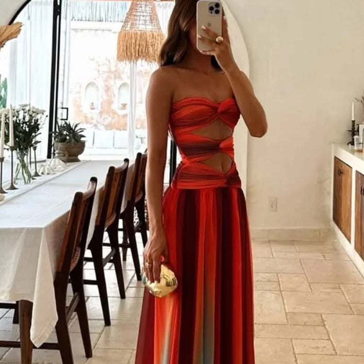 Chic Tie-dye Gradient Women's Dress Fashion Hollow Out Pleated Sling A-line Maxi Dresses New Summer Lady Holiday Beach Robe 2025 Beige