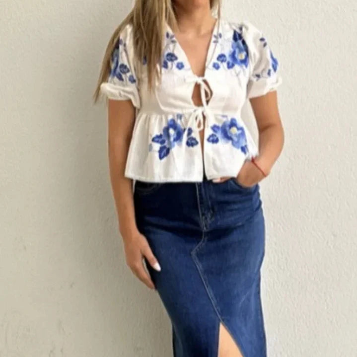 Fashion Print Bow Lace Up Women Blouses Loose V-neck Short Puff Sleeve Female Shirts Spring Summer Casual Lady Flower Tops