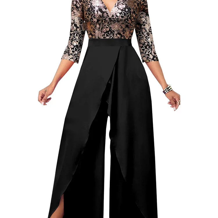 Sets Outifits 2023 New Gilded Floral V-neck Loose Fitting Jumpsuit of One Fashion Casual Pieces for Women Elegant Female