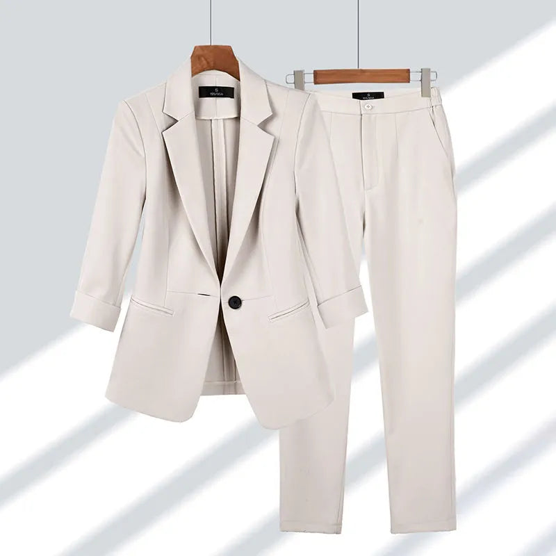 Spring Summer New Elegant Suit Jacket Matching Set Women's Korean Chic Blazers Coat Pants 2 Piece Female Professional Suit Apricot Set