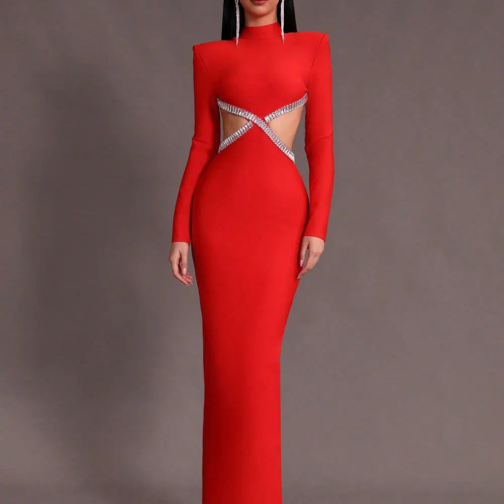 2025 Women'S Light Luxury Nail Bead Sexy Backless Bandage Dress Stand Collar Long Sleeved Bodycon Backless Long Dress Vestidos Red