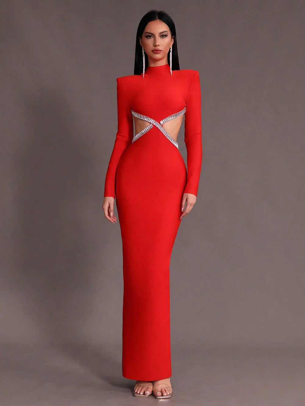 2025 Women'S Light Luxury Nail Bead Sexy Backless Bandage Dress Stand Collar Long Sleeved Bodycon Backless Long Dress Vestidos Red