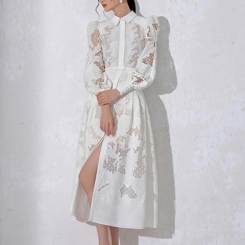 New Luxury Women Lace Embroidery Dress Spring Summer Long Sleeve White Wedding Evening Party Hollow Out Vestido Dresses WHITE