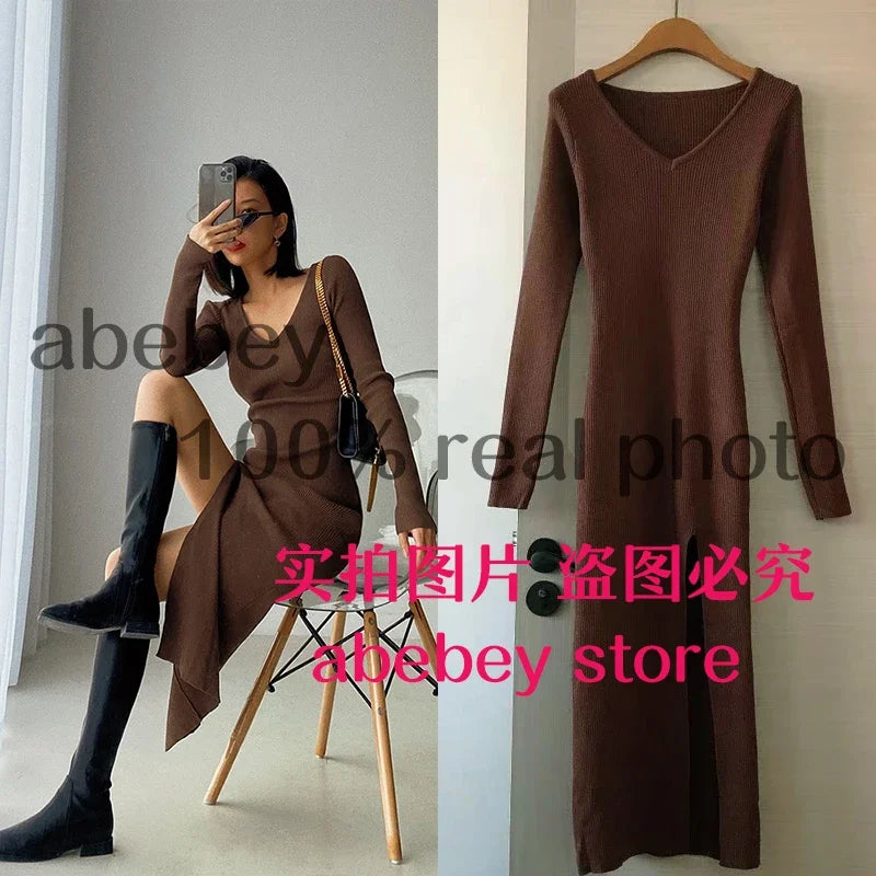 spring and winter sexy French slit sweater dress female slim tight-fitting hip-knit over-the-knee dresses coffee dress