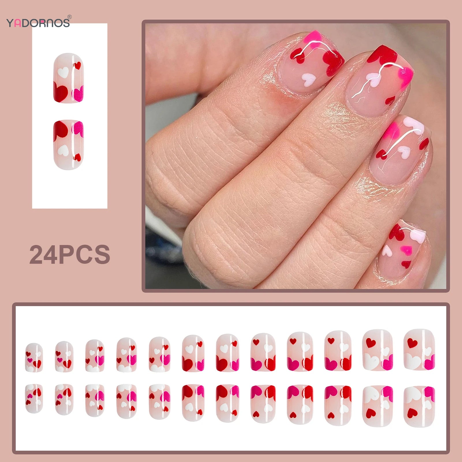 Retro Short Almond Fake Nails 24Pcs Red/White Press On Nails Love Heart/Flower/Butterfly Printed Women Valentine's Day Nails Art