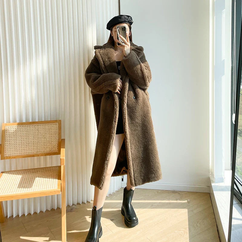 Teddy teddy bear coat women's autumn and winter fur grain camel wool coat alpaca wool med-long woolcoat gray green