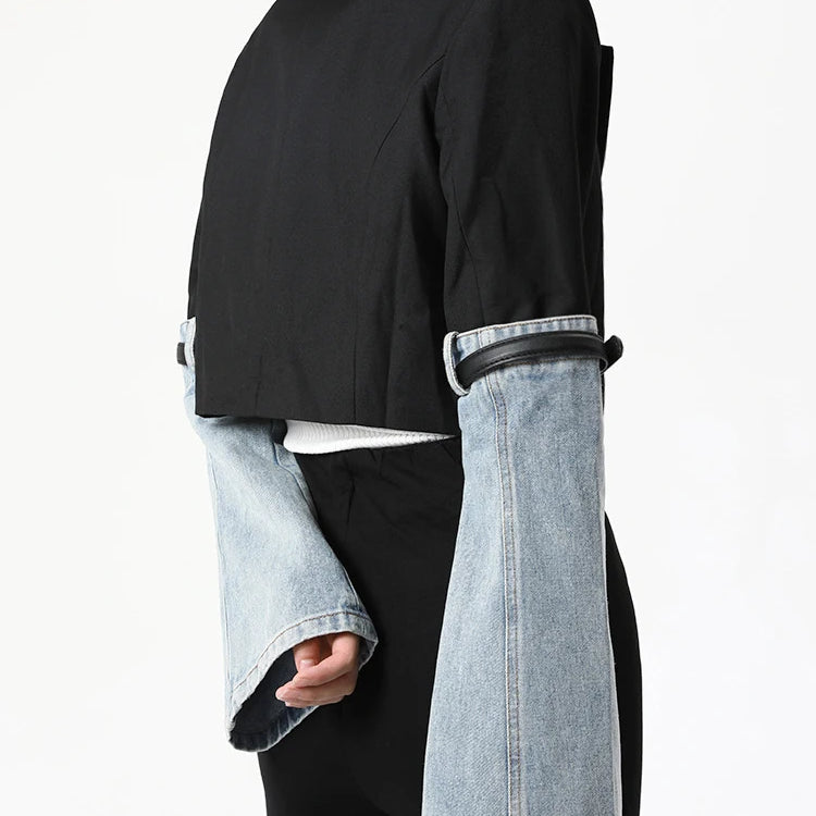 Colorblock Patchwork Denim Casual Coats For Women Lapel Long Sleeve Spliced Button Coat Female Fashion Clothing New