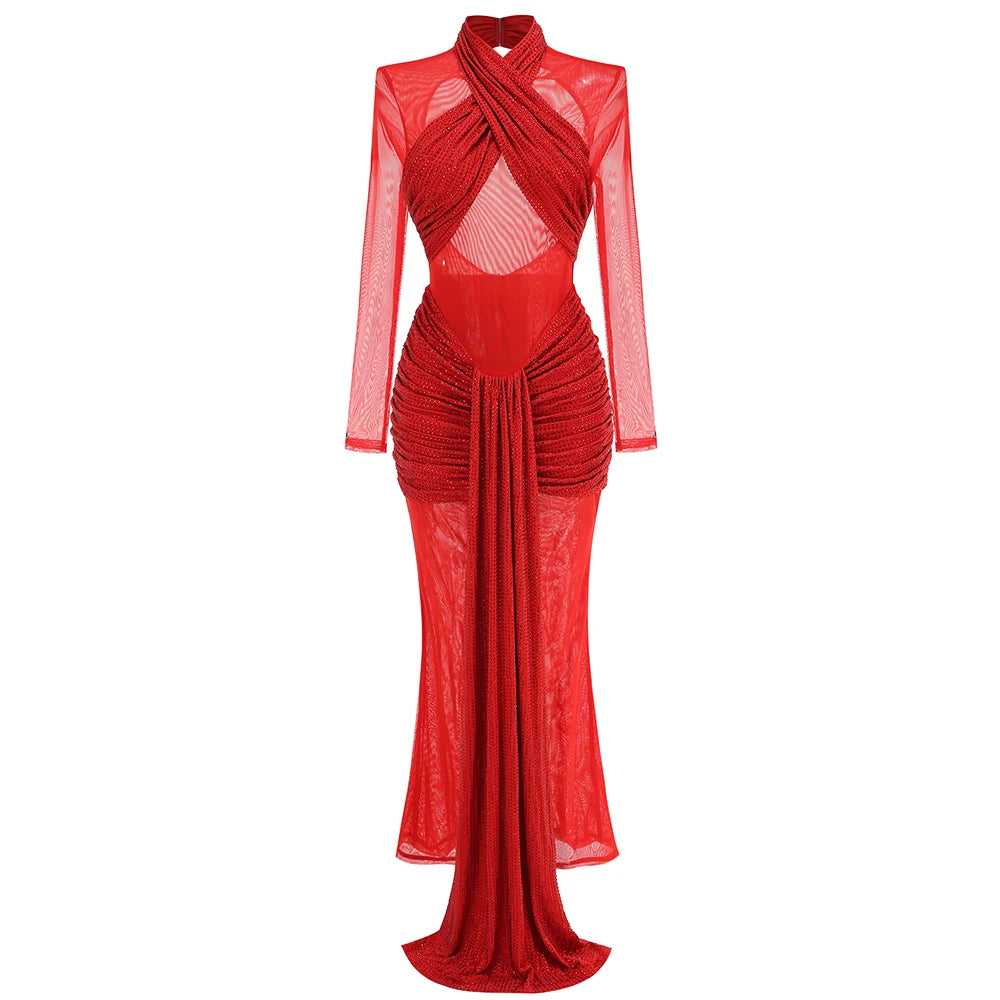 Bright Red Ruched Long Dress Diamonds Embellished Long Sleeve Mesh Patchwork Draped Celebrity Evening Party Gown Red