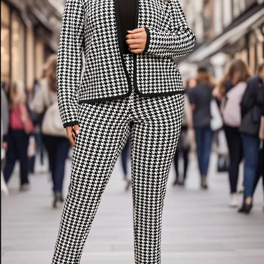 Large size directional elegant and fashionable houndstooth round neck women's long pants set, casual and versatile spring and au