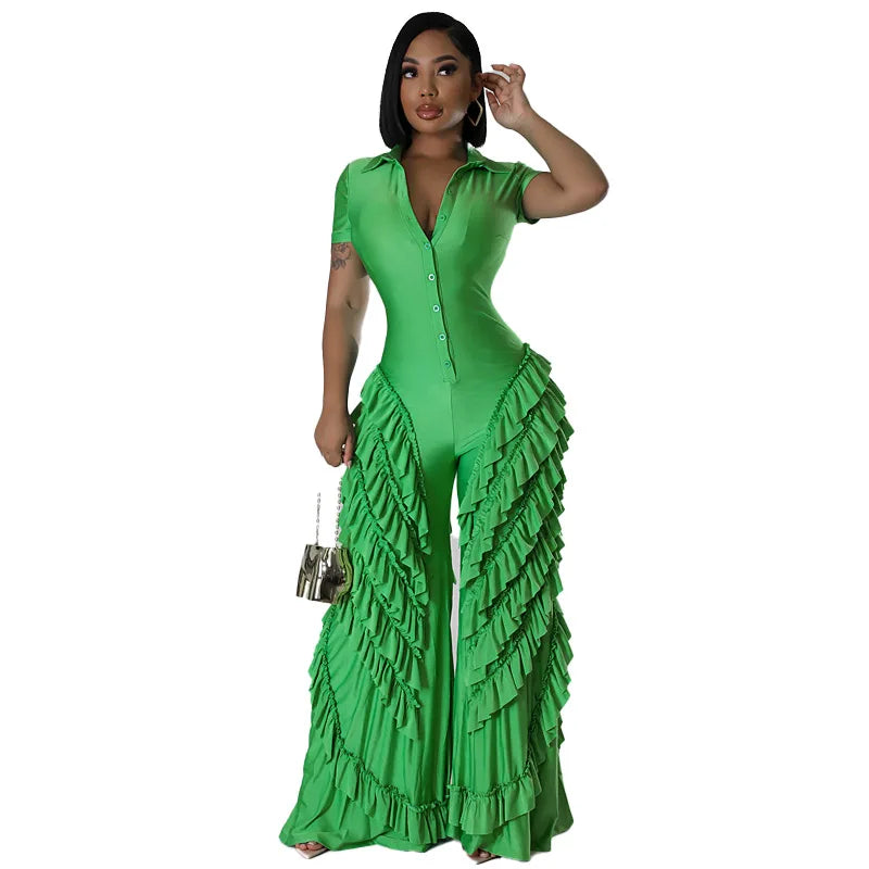 Fashion Women Mult Ruffles Short Sleeve Zipper Fly Wide Leg Shirt Jumpsuit 2024 Streetwear Romper One Piece Set Playsuit green