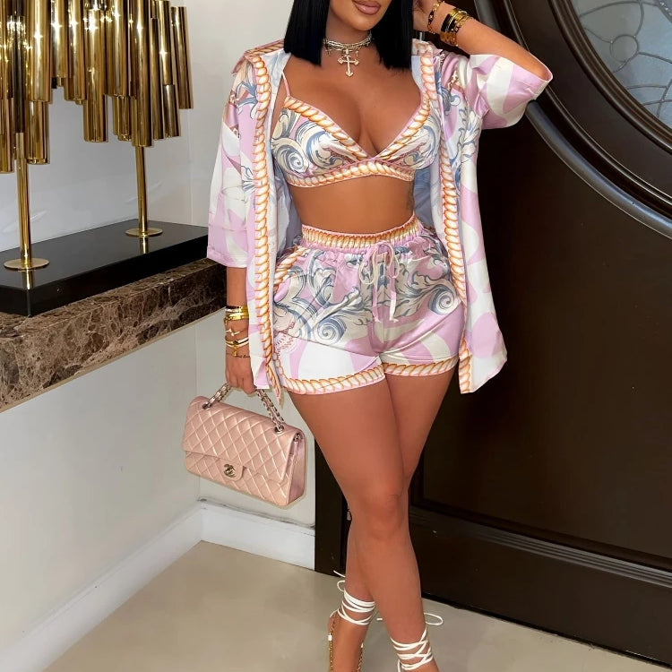 Paisley Printed Women's Set Three Quarter Sleeve Blouse + Bra Top and Shorts 2025 Beach 3- Piece Sets Outfit Tracksuits