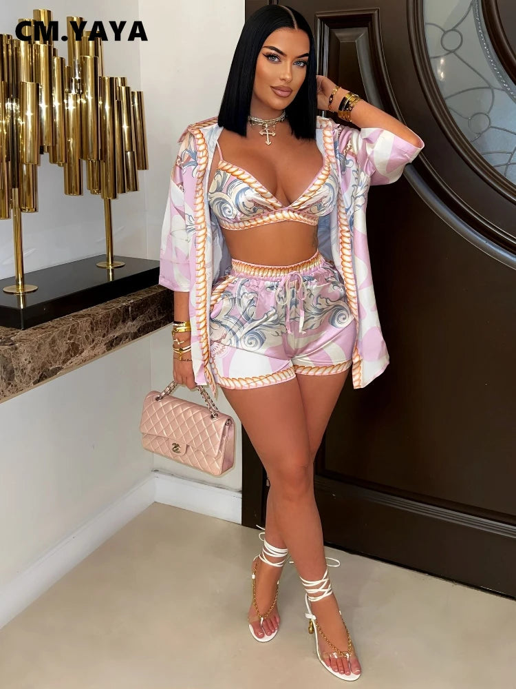 Paisley Printed Women's Set Three Quarter Sleeve Blouse + Bra Top and Shorts 2025 Beach 3- Piece Sets Outfit Tracksuits