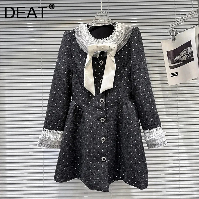 Winter New Fashion Style Diamond Bow Waist Woolen Quilted Trench Coat For Women Elegant Long Windbreaker 11A07557