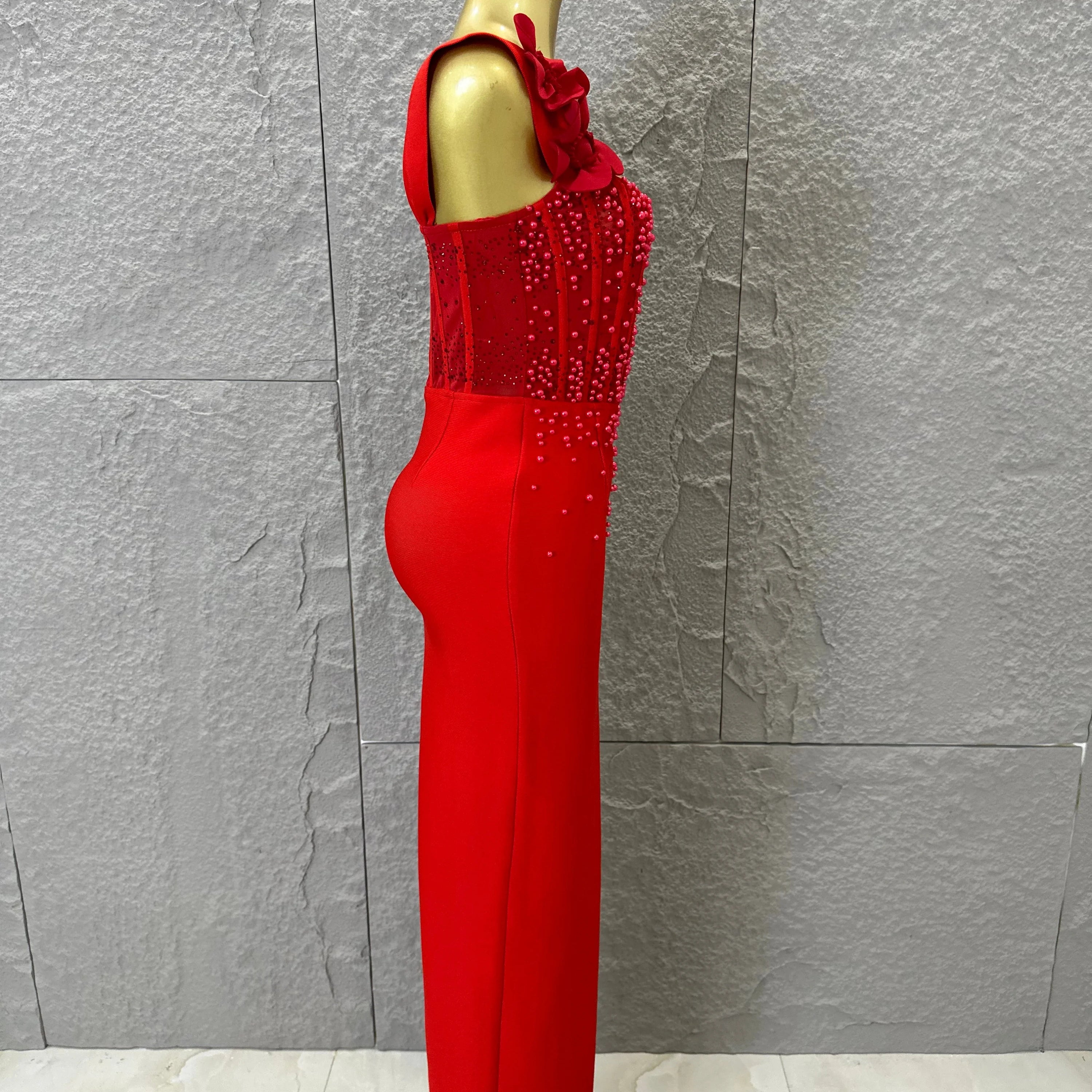 Women Sexy Sheer Mesh Corset Beaded 3D Floral Applique Form-Fitting Outfit Formal Event Party Costum Red Square Neck Maxi Dress