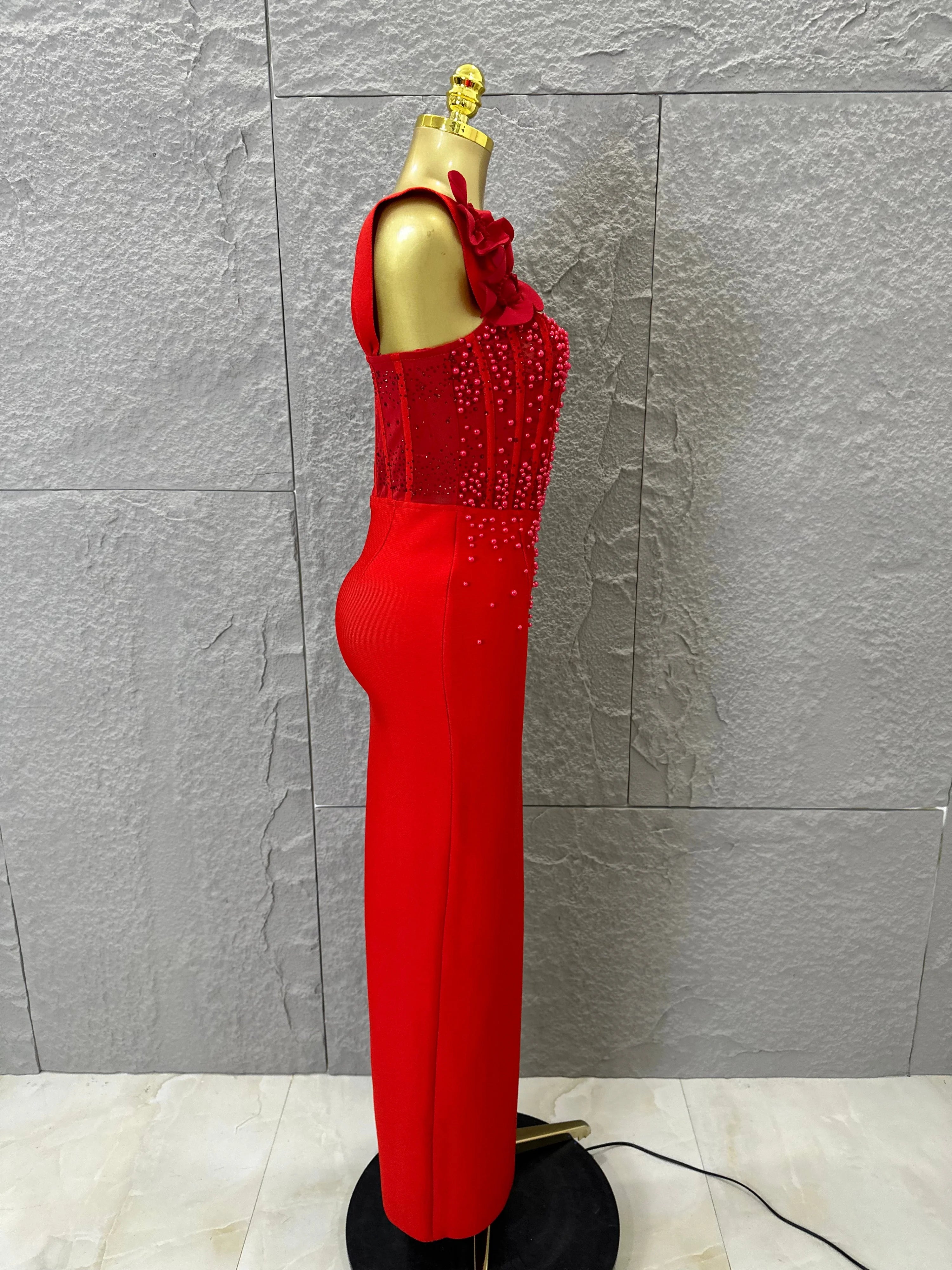 Women Sexy Sheer Mesh Corset Beaded 3D Floral Applique Form-Fitting Outfit Formal Event Party Costum Red Square Neck Maxi Dress